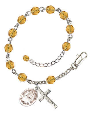 Silver-Plated 6mm Fire-Polished Saint Pauline Visintainer Rosary Bracelet in Topaz Engraved Catholic Saint Jewelry