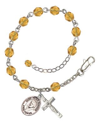 Silver-Plated 6mm Fire-Polished Saint Peter Canisius Rosary Bracelet in Topaz Engraved Catholic Saint Jewelry