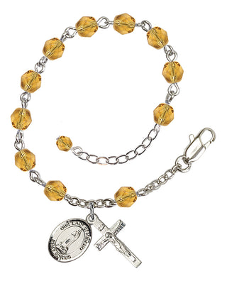 Silver-Plated 6mm Fire-Polished Our Lady of Kibeho Rosary Bracelet in Topaz Engraved Catholic Saint Jewelry