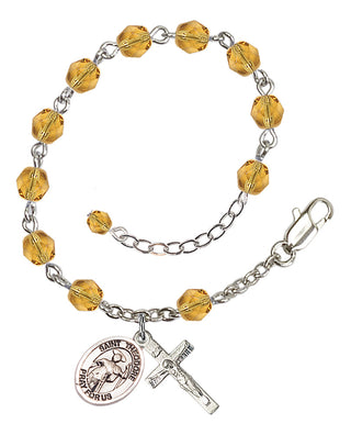 Silver-Plated 6mm Fire-Polished Saint Theodore Stratelates Rosary Bracelet in Topaz Engraved Catholic Saint Jewelry
