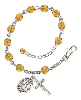 Silver-Plated 6mm Fire-Polished Saint Kateri Tekakwitha Rosary Bracelet in Topaz Engraved Catholic Saint Jewelry