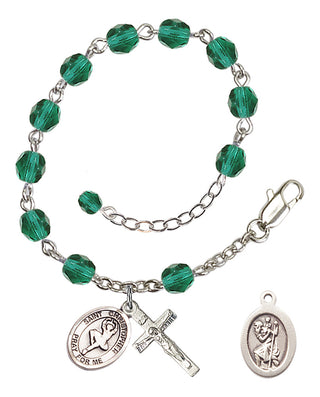 Silver-Plated 6mm Fire-Polished Saint Christopher/Dance Rosary Bracelet in Zircon Engraved Catholic Saint Jewelry