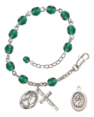 Adjustable Silver Plated 6mm Fire Polished Saint Christopher/Baseball Rosary Bracelet in Zircon