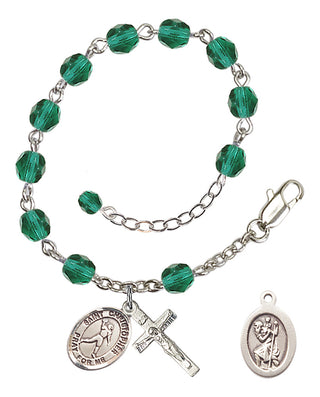 Adjustable Silver Plated 6mm Fire Polished Saint Christopher/Football Rosary Bracelet in Zircon