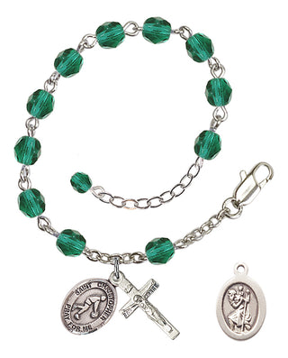 Adjustable Silver Plated 6mm Fire Polished Saint Christopher/Basketball Rosary Bracelet in Zircon