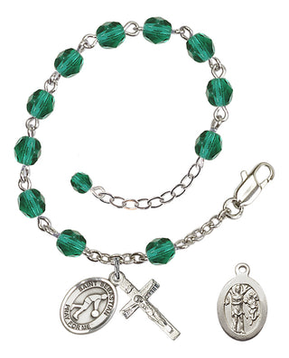 Adjustable Silver Plated 6mm Fire Polished Saint Sebastian/Basketball Rosary Bracelet in Zircon