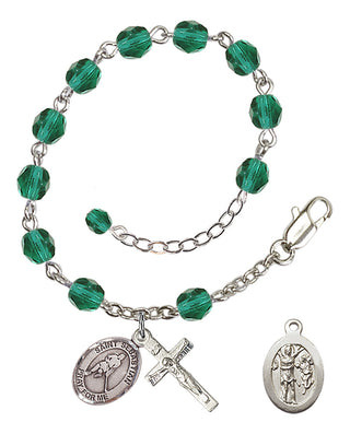 Adjustable Silver Plated 6mm Fire Polished Saint Sebastian/Ice Hockey Rosary Bracelet in Zircon