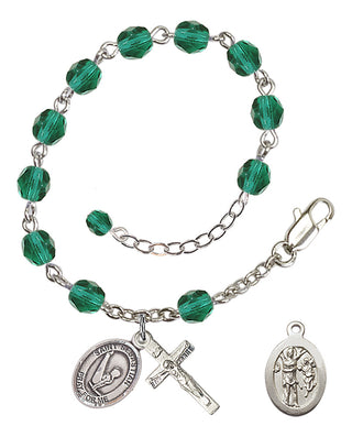 Adjustable Silver Plated 6mm Fire Polished Saint Sebastian/Gymnastics Rosary Bracelet in Zircon