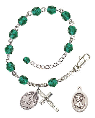 Adjustable Silver Plated 6mm Fire Polished Saint Christopher / Skiing Rosary Bracelet in Zircon