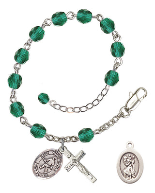 Silver-Plated 6mm Fire-Polished Saint Christopher / Field Hockey Rosary Bracelet in Zircon Engraved Catholic Saint Jewelry