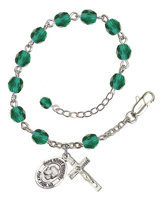 Silver-Plated 6mm Fire-Polished Pope Saint Eugene I Rosary Bracelet in Zircon Engraved Catholic Saint Jewelry