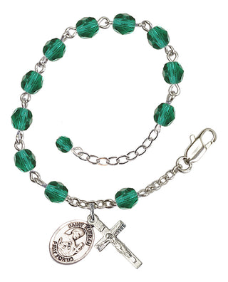 Silver-Plated 6mm Fire-Polished Saint Kieran Rosary Bracelet in Zircon Engraved Catholic Saint Jewelry