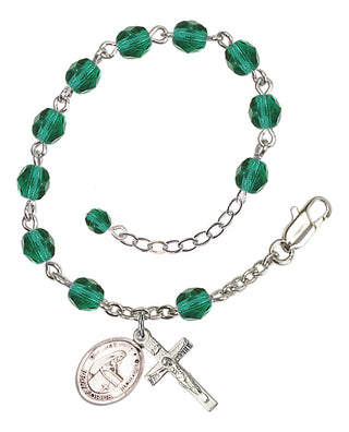Silver-Plated 6mm Fire-Polished Bl. Emilee Doultremont Rosary Bracelet in Zircon Engraved Catholic Saint Jewelry