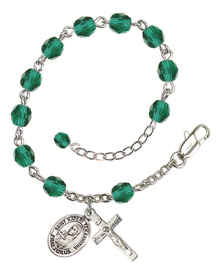 Silver-Plated 6mm Fire-Polished Saint Kateri Tekakwitha Rosary Bracelet in Zircon Engraved Catholic Saint Jewelry