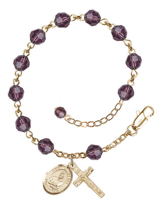 14kt Gold-Filled 6mm Austrian Crystal Saint Lawrence Rosary Bracelet in Amethyst Engraved Catholic Saint Jewelry