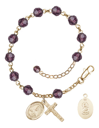 14kt Gold-Filled 6mm Austrian Crystal Scapular Rosary Bracelet in Amethyst Engraved Catholic Saint Jewelry