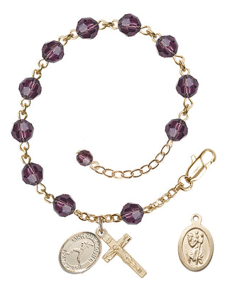 Adjustable 14 Karat Gold-Filled 6mm Austrian Crystal Saint Christopher/Softball Rosary Bracelet in Amethyst