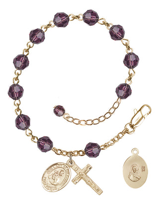 Adjustable 14 Karat Gold-Filled 6mm Austrian Crystal Our Lady of Mount Carmel Rosary Bracelet in Amethyst