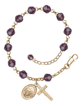 14kt Gold-Filled 6mm Austrian Crystal Saint Aidan of Lindesfarne Rosary Bracelet in Amethyst Engraved Catholic Saint Jewelry