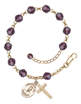 14kt Gold-Filled 6mm Austrian Crystal Bl. Miguel Pro Rosary Bracelet in Amethyst Engraved Catholic Saint Jewelry
