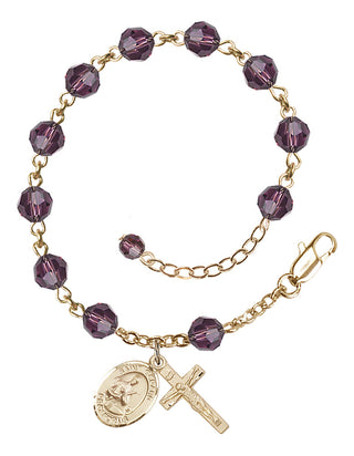 14kt Gold 6mm Austrian Crystal Saint Gerard Majella Rosary Bracelet in Amethyst Engraved Catholic Saint Jewelry