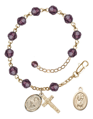 14kt Gold 6mm Austrian Crystal Saint Christopher/Dance Rosary Bracelet in Amethyst Engraved Catholic Saint Jewelry