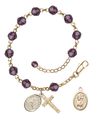 Adjustable 14 Karat Gold 6mm Austrian Crystal Saint Christopher/Softball Rosary Bracelet in Amethyst