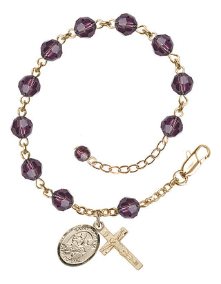 14kt Gold 6mm Austrian Crystal Saint Cecilia / Marching Band Rosary Bracelet in Amethyst Engraved Catholic Saint Jewelry