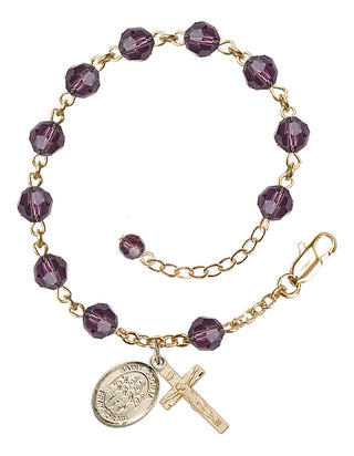 14kt Gold 6mm Austrian Crystal Saint Cecilia / Choir Rosary Bracelet in Amethyst Engraved Catholic Saint Jewelry