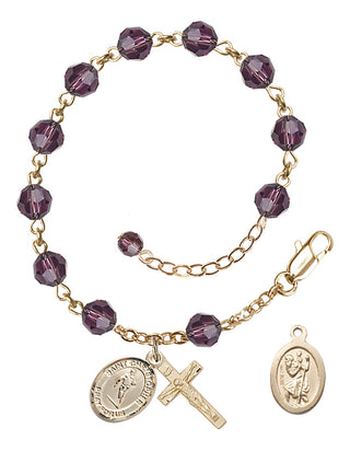 Adjustable 14 Karat Gold 6mm Austrian Crystal Saint Christopher / Rugby Rosary Bracelet in Amethyst