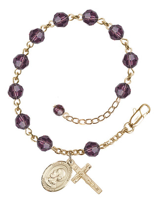 14kt Gold 6mm Austrian Crystal Pope Saint Eugene I Rosary Bracelet in Amethyst Engraved Catholic Saint Jewelry