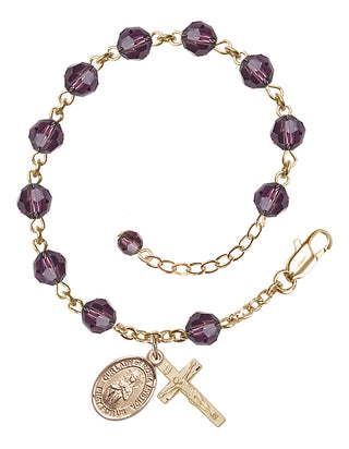 14kt Gold 6mm Austrian Crystal Our Lady of Rosa Mystica Rosary Bracelet in Amethyst Engraved Catholic Saint Jewelry