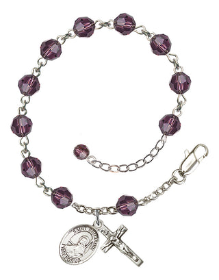Sterling Silver 6mm Austrian Crystal Saint Benjamin Rosary Bracelet in Amethyst Engraved Catholic Saint Jewelry
