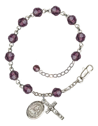 Sterling Silver 6mm Austrian Crystal Our Lady of Loretto Rosary Bracelet in Amethyst Engraved Catholic Saint Jewelry