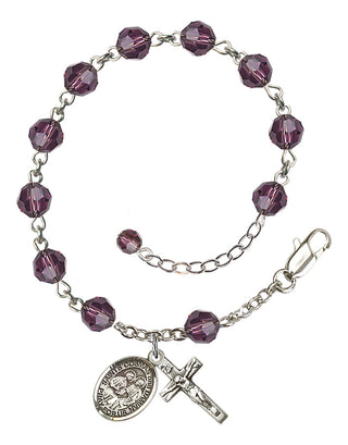 Sterling Silver 6mm Austrian Crystal Saints Cosmas & Damian Rosary Bracelet in Amethyst Engraved Catholic Saint Jewelry