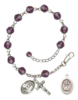 Adjustable Sterling Silver 6mm Austrian Crystal Saint Christopher/Lacrosse Rosary Bracelet in Amethyst