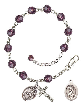 Sterling Silver 6mm Austrian Crystal Saint Christopher/Track & Field Rosary Bracelet in Amethyst Engraved Catholic Saint Jewelry