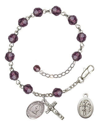 Adjustable Sterling Silver 6mm Austrian Crystal Saint Sebastian/Skiing Rosary Bracelet in Amethyst