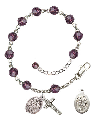 Adjustable Sterling Silver 6mm Austrian Crystal Saint Sebastian/Wrestling Rosary Bracelet in Amethyst