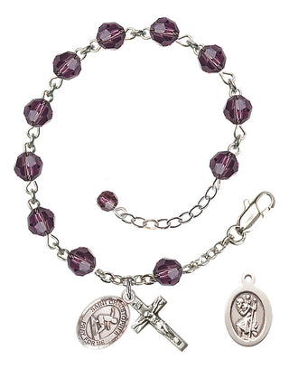 Adjustable Sterling Silver 6mm Austrian Crystal Saint Christopher/Surfing Rosary Bracelet in Amethyst