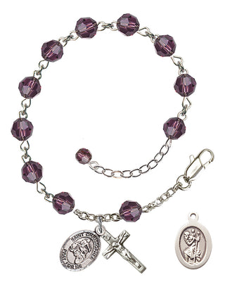 Adjustable Sterling Silver 6mm Austrian Crystal Saint Christopher/Motorcycle Rosary Bracelet in Amethyst