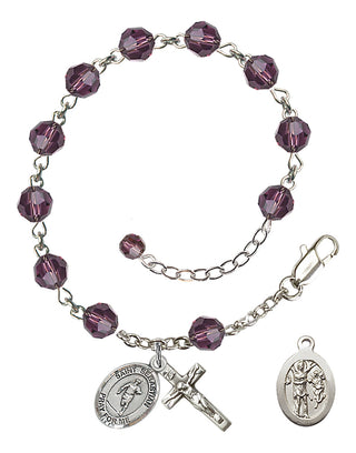 Adjustable Sterling Silver 6mm Austrian Crystal Saint Sebastian / Rugby Rosary Bracelet in Amethyst