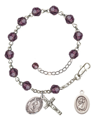 Adjustable Sterling Silver 6mm Austrian Crystal Saint Christopher / Rugby Rosary Bracelet in Amethyst