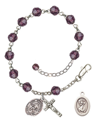 Sterling Silver 6mm Austrian Crystal Saint Christopher / Field Hockey Rosary Bracelet in Amethyst Engraved Catholic Saint Jewelry