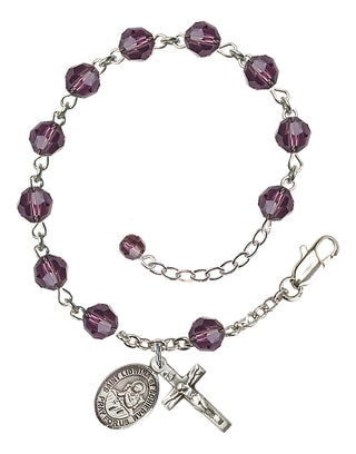 Sterling Silver 6mm Austrian Crystal Saint Lidwina of Schiedam Rosary Bracelet in Amethyst Engraved Catholic Saint Jewelry