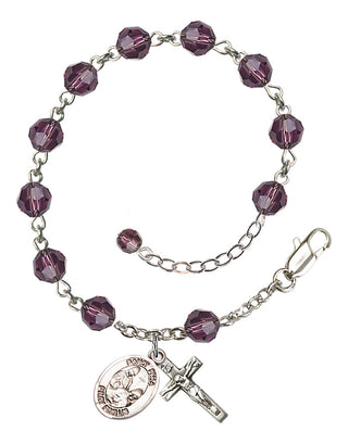 Sterling Silver 6mm Austrian Crystal Saint Fina Rosary Bracelet in Amethyst Engraved Catholic Saint Jewelry