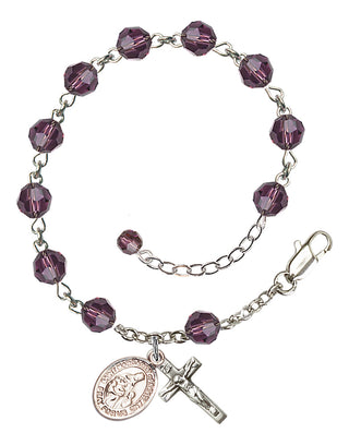 Sterling Silver 6mm Austrian Crystal Saint Margaret of Scotland Rosary Bracelet in Amethyst Engraved Catholic Saint Jewelry