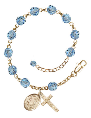 14kt Gold-Filled 6mm Austrian Crystal Saint Cecilia Rosary Bracelet in Aqua Engraved Catholic Saint Jewelry