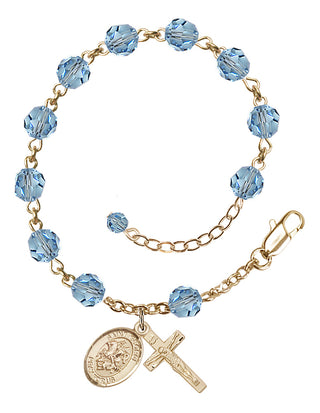 14kt Gold-Filled 6mm Austrian Crystal Saint George Rosary Bracelet in Aqua Engraved Catholic Saint Jewelry