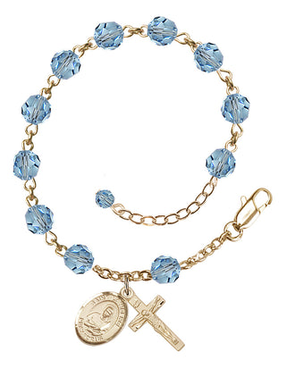 14kt Gold-Filled 6mm Austrian Crystal Saint Lawrence Rosary Bracelet in Aqua Engraved Catholic Saint Jewelry